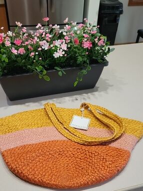NWT-Shiraleah Lulu's Striped Straw Tote in Mustard, Blush Pink & Orange